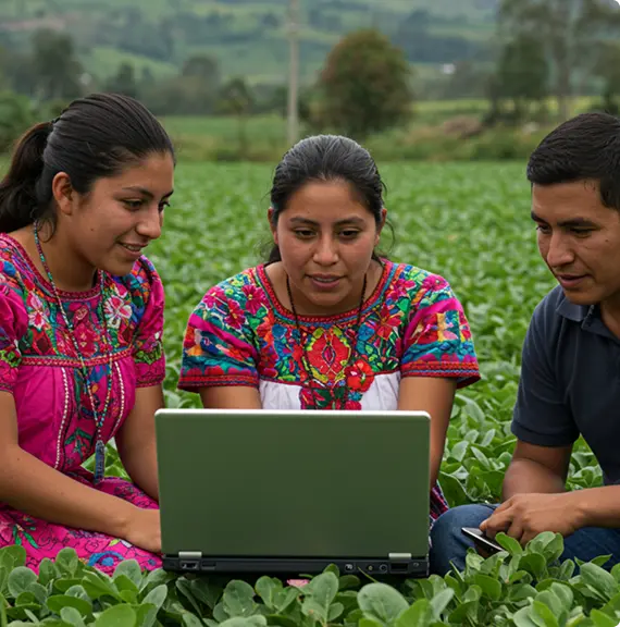 Personas trabajando juntas en el campo con una computadora